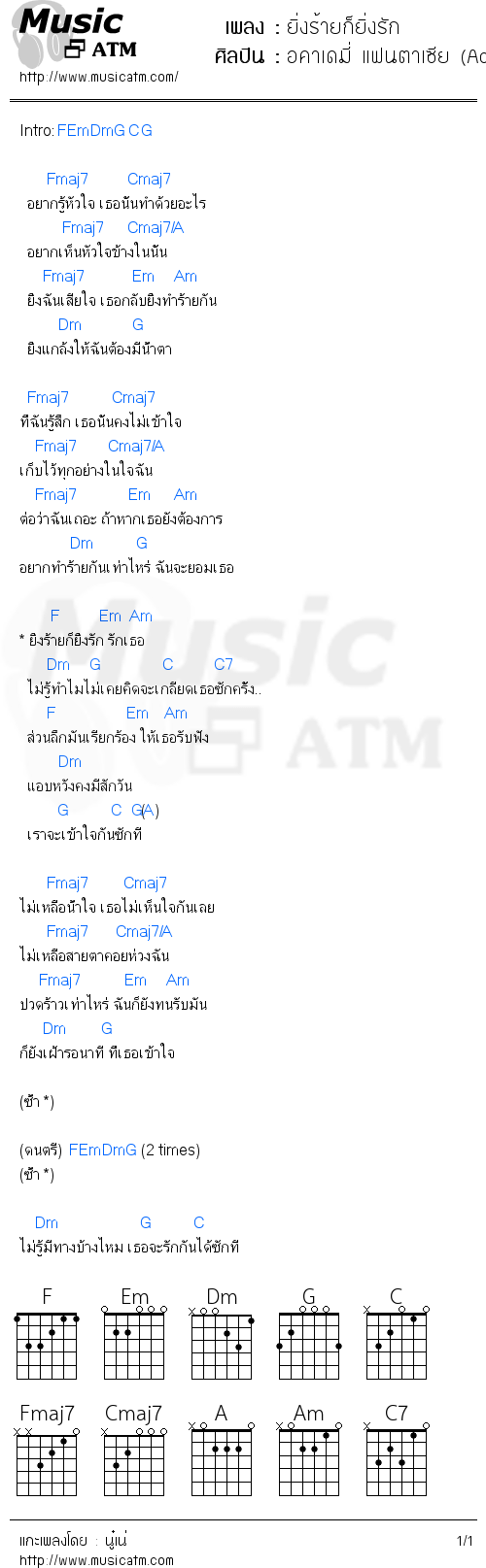 คอร์ดเพลง ยิ่งร้ายก็ยิ่งรัก