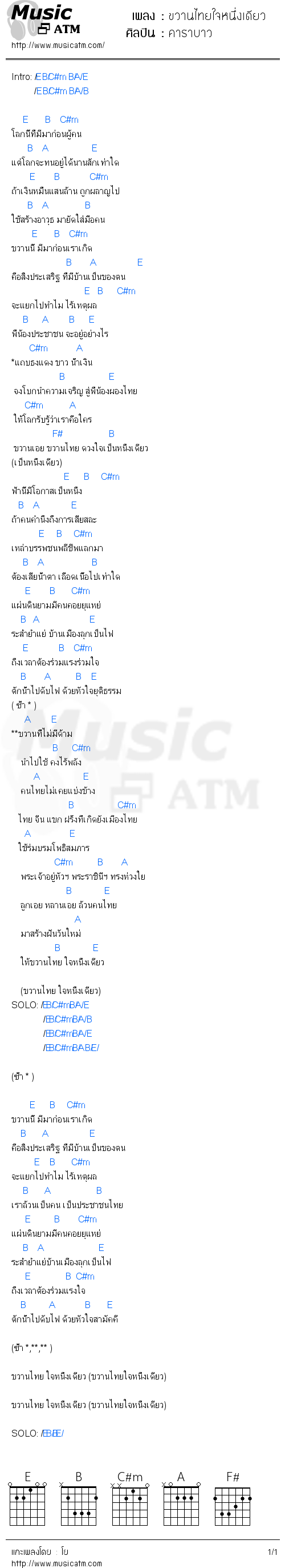 คอร์ดเพลง ขวานไทยใจหนึ่งเดียว - คาราบาว | คอร์ดเพลงใหม่