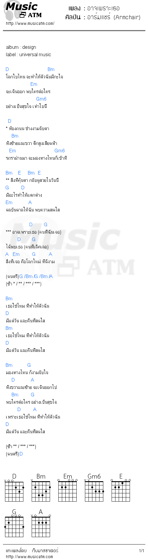 คอร์ดเพลง อาจเพราะเธอ - อาร์มแชร์ (Armchair) | คอร์ดเพลงใหม่