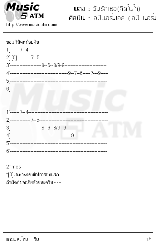 คอร์ดเพลง ฉันรักเธอ(คิดในใจ)