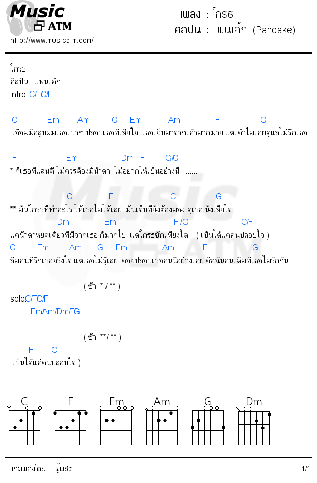 คอร์ดเพลง โกรธ