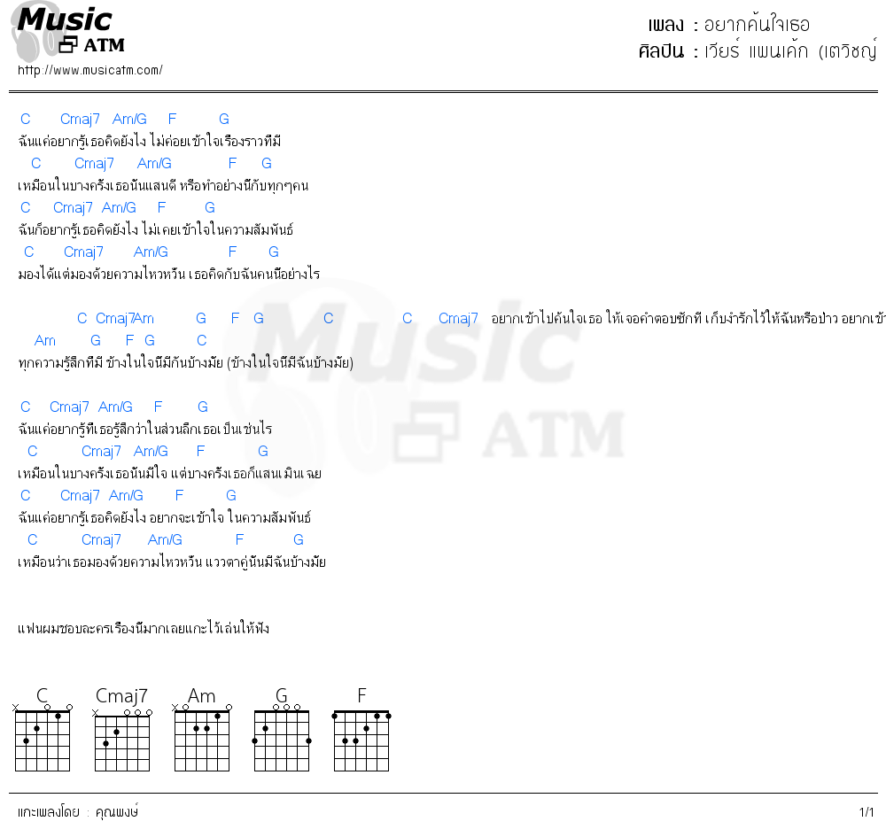 คอร์ดเพลง อยากค้นใจเธอ