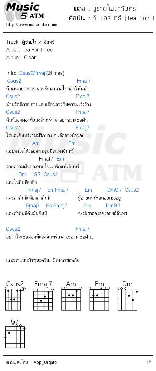 คอร์ดเพลง ผู้ชายในเงาจันทร์