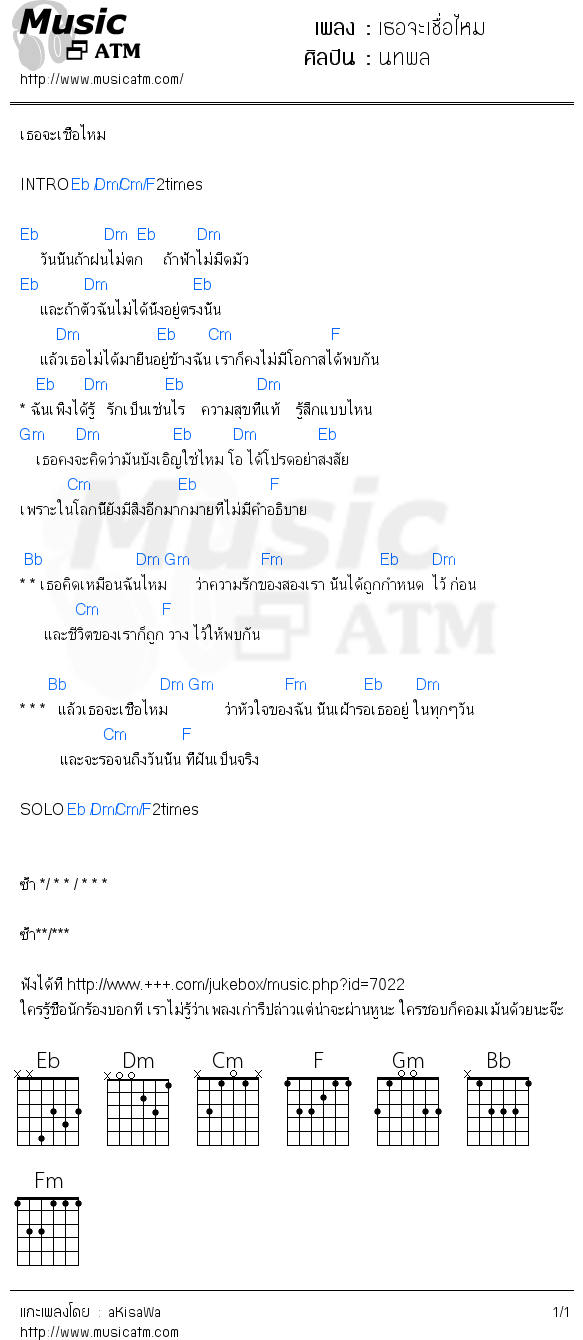 คอร์ดเพลง เธอจะเชื่อไหม - นทพล | คอร์ดเพลงใหม่