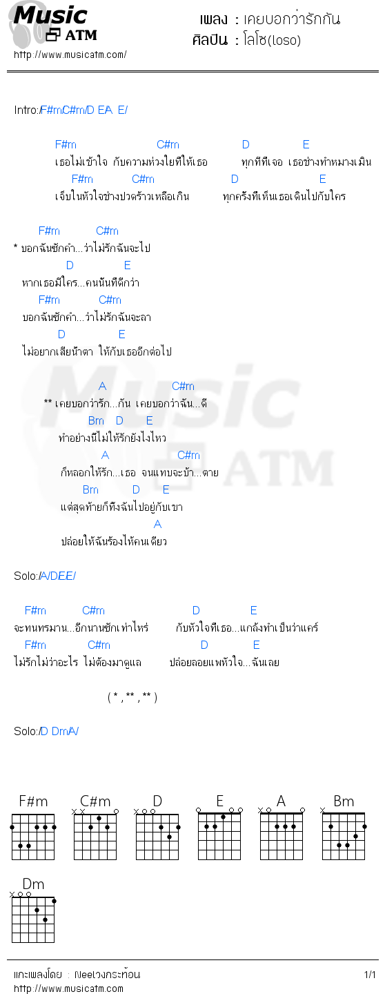 คอร์ดเพลง เคยบอกว่ารักกัน