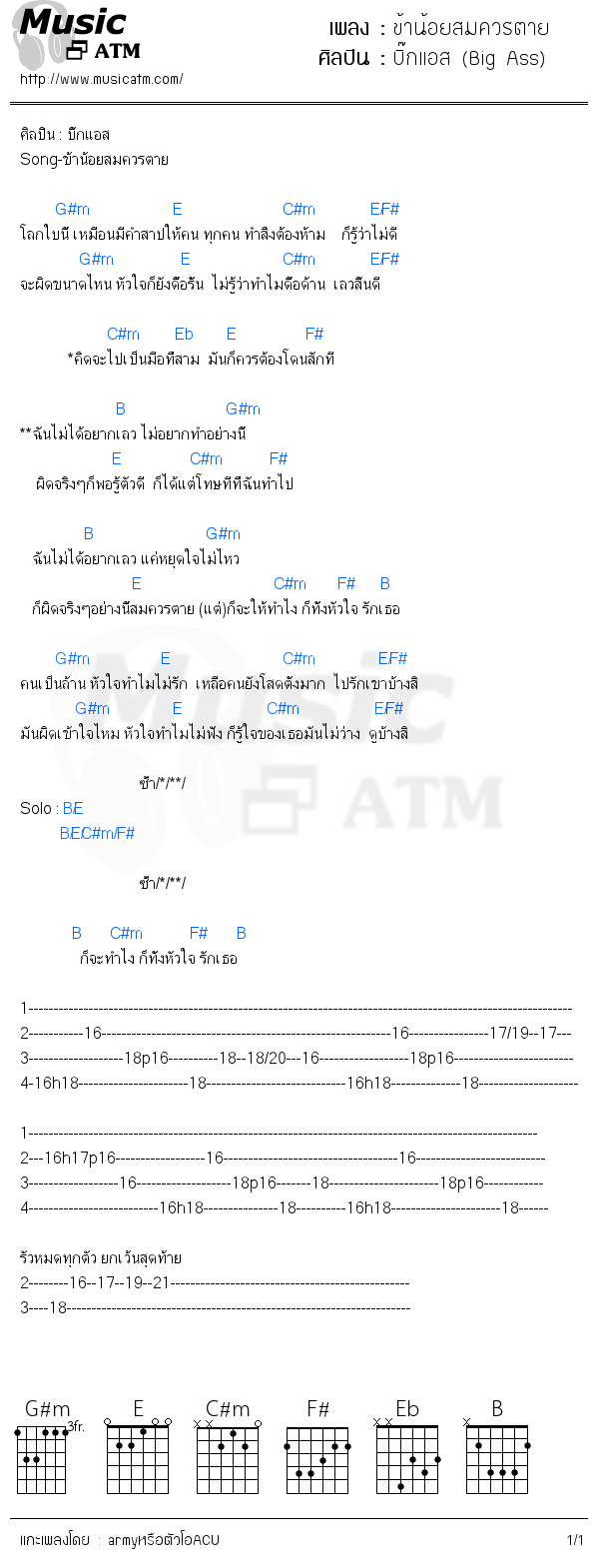 คอร์ดเพลง ข้าน้อยสมควรตาย