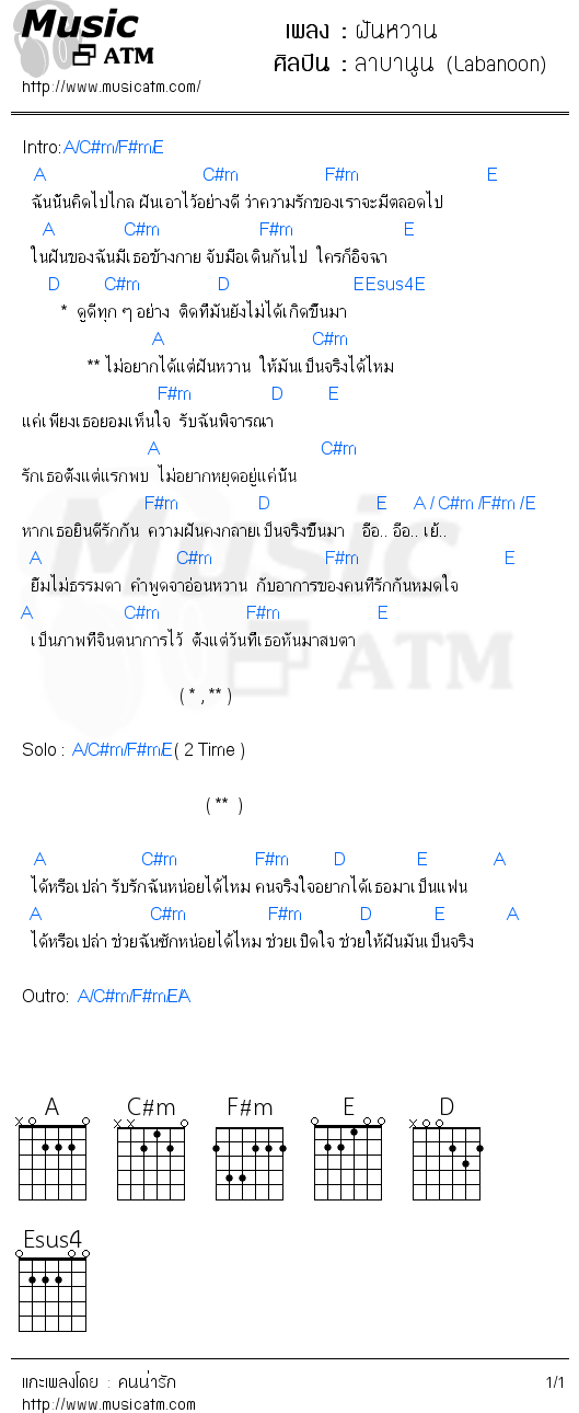 คอร์ดเพลง ฝันหวาน