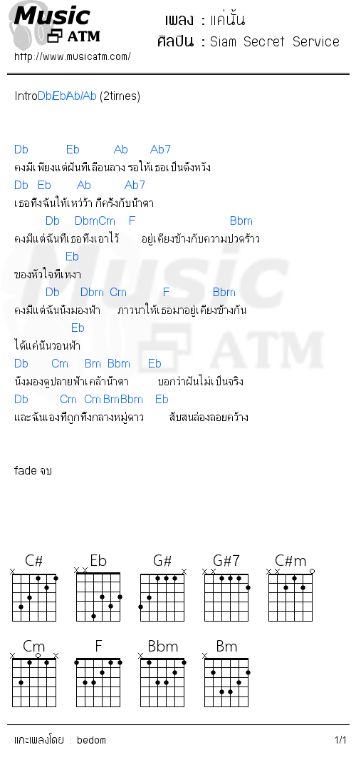 คอร์ดเพลง แค่นั้น - Siam Secret Service | คอร์ดเพลงใหม่