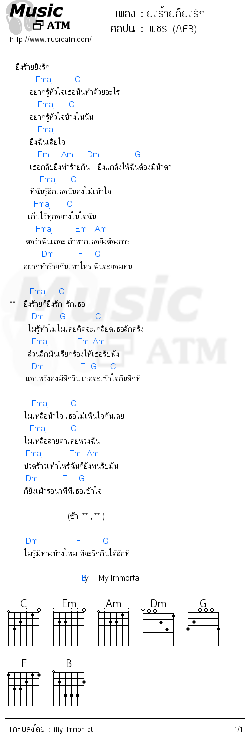 คอร์ดเพลง ยิ่งร้ายก็ยิ่งรัก - เพชร (AF3) | คอร์ดเพลงใหม่