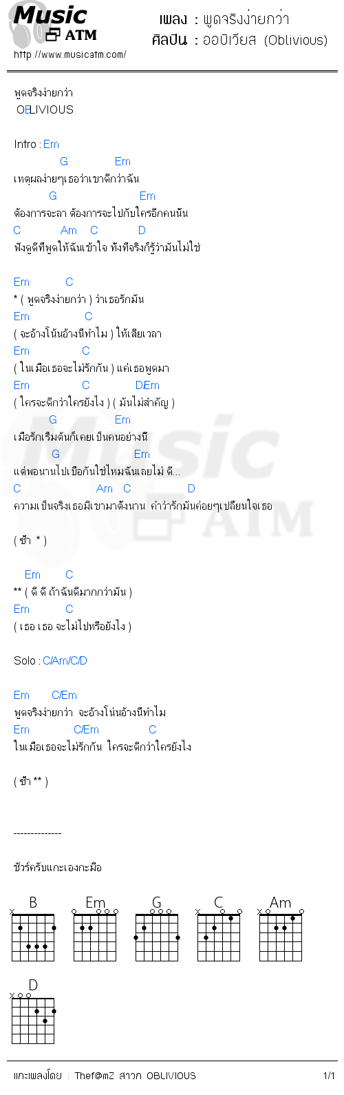 คอร์ดเพลง พูดจริงง่ายกว่า