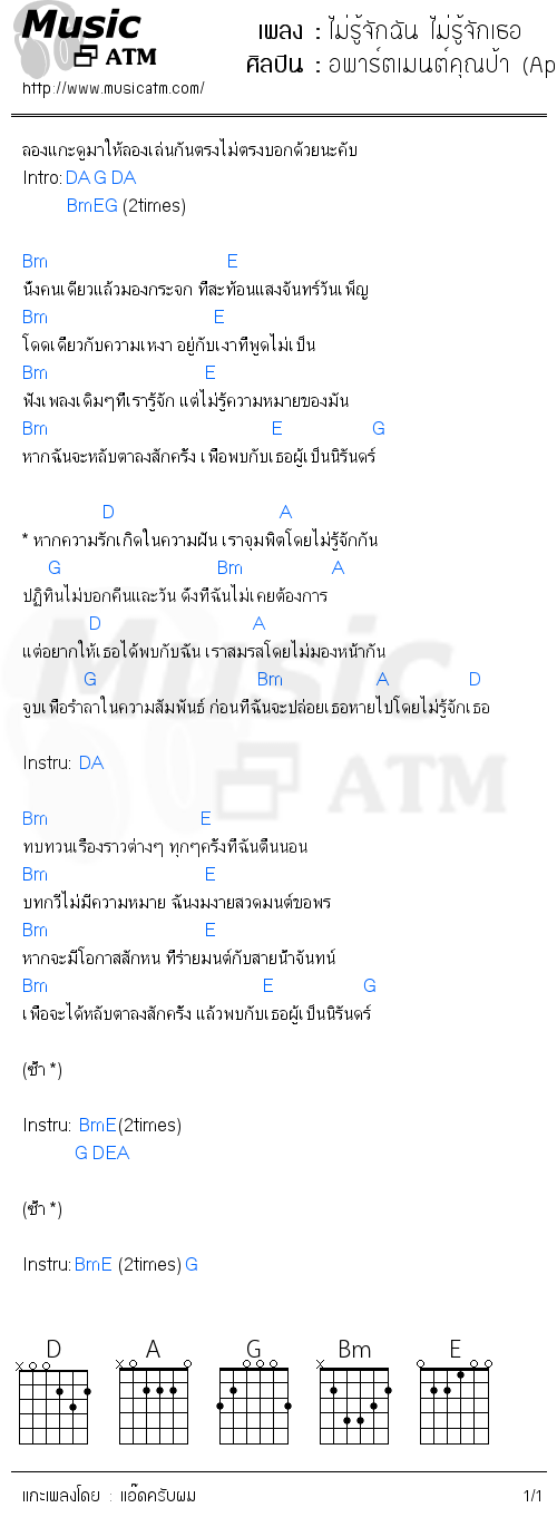 คอร์ดเพลง ไม่รู้จักฉัน ไม่รู้จักเธอ