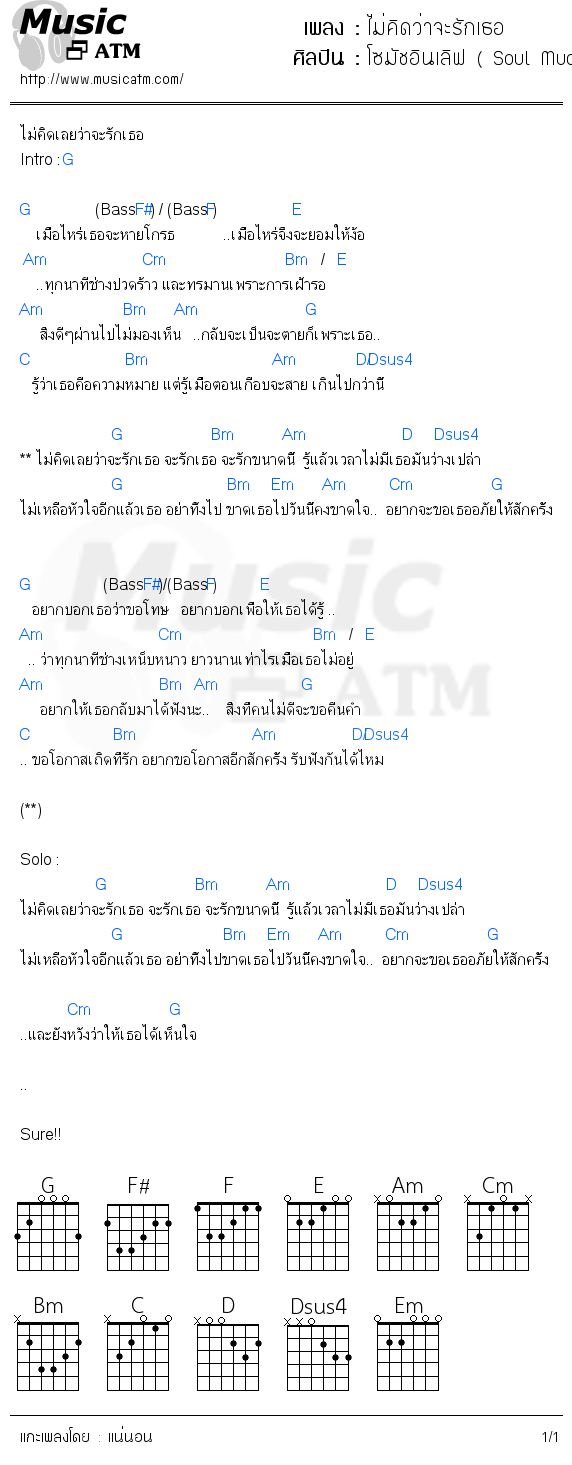 คอร์ดเพลง ไม่คิดว่าจะรักเธอ