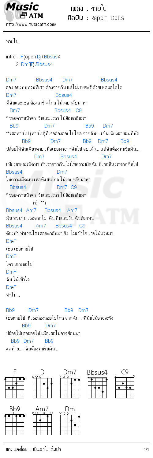 คอร์ดเพลง หายไป