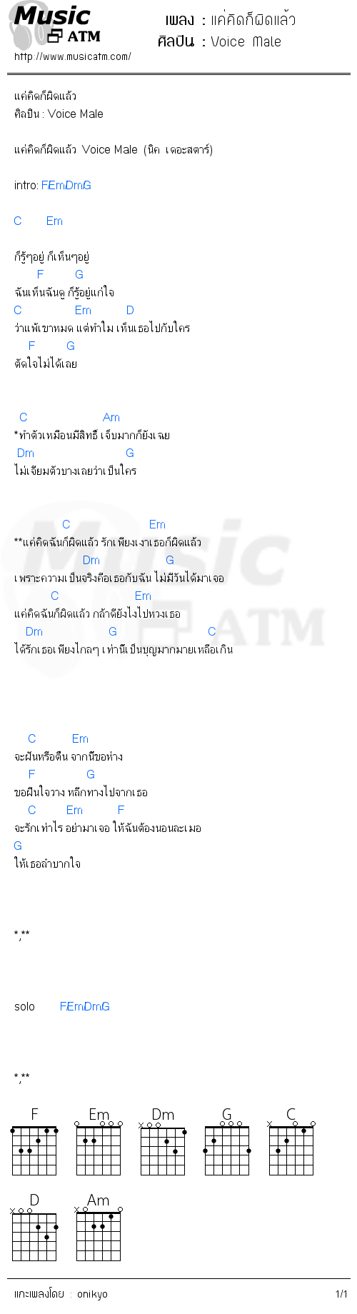 คอร์ดเพลง แค่คิดก็ผิดแล้ว