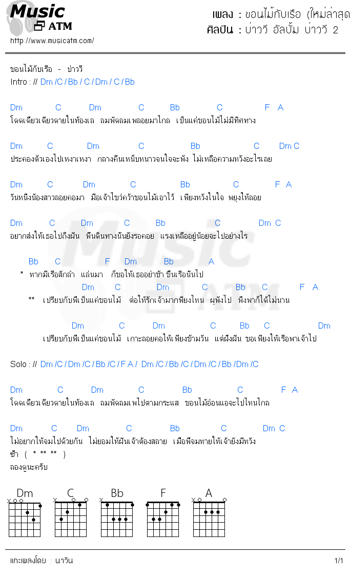 คอร์ดเพลง ขอนไม้กับเรือ (ใหม่ล่าสุด)