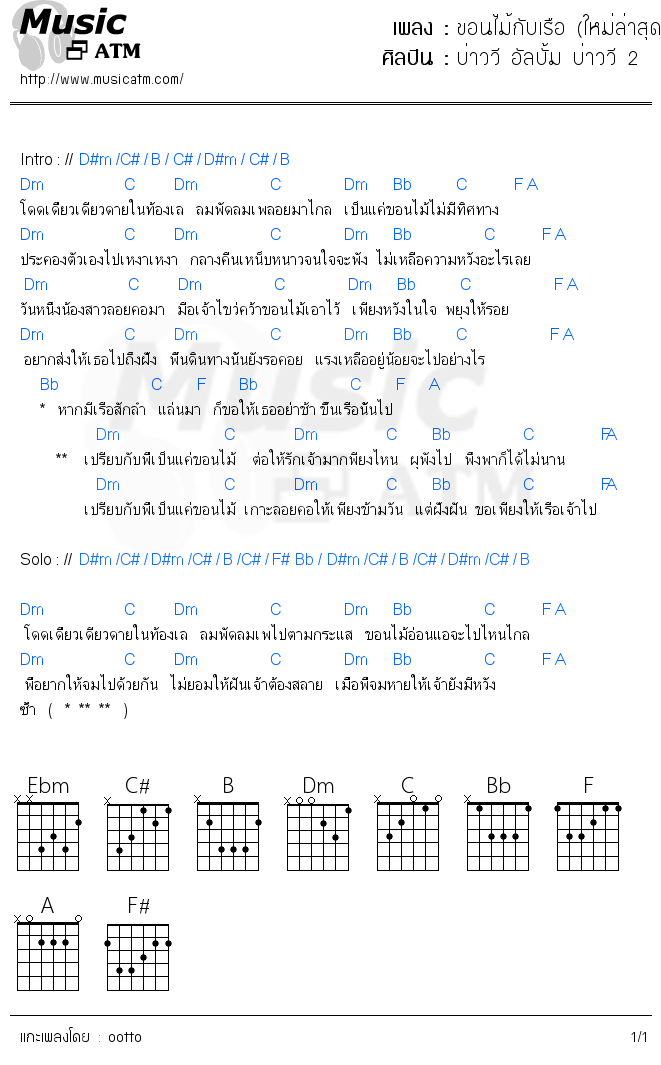 คอร์ดเพลง ขอนไม้กับเรือ (ใหม่ล่าสุด)