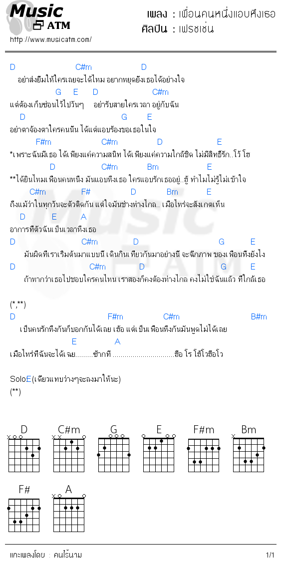 คอร์ดเพลง เพื่อนคนหนึ่งแอบหึงเธอ