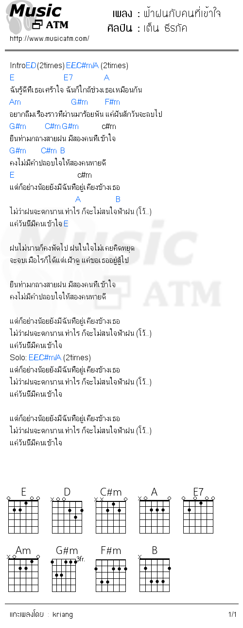 คอร์ดเพลง ฟ้าฝนกับคนที่เข้าใจ