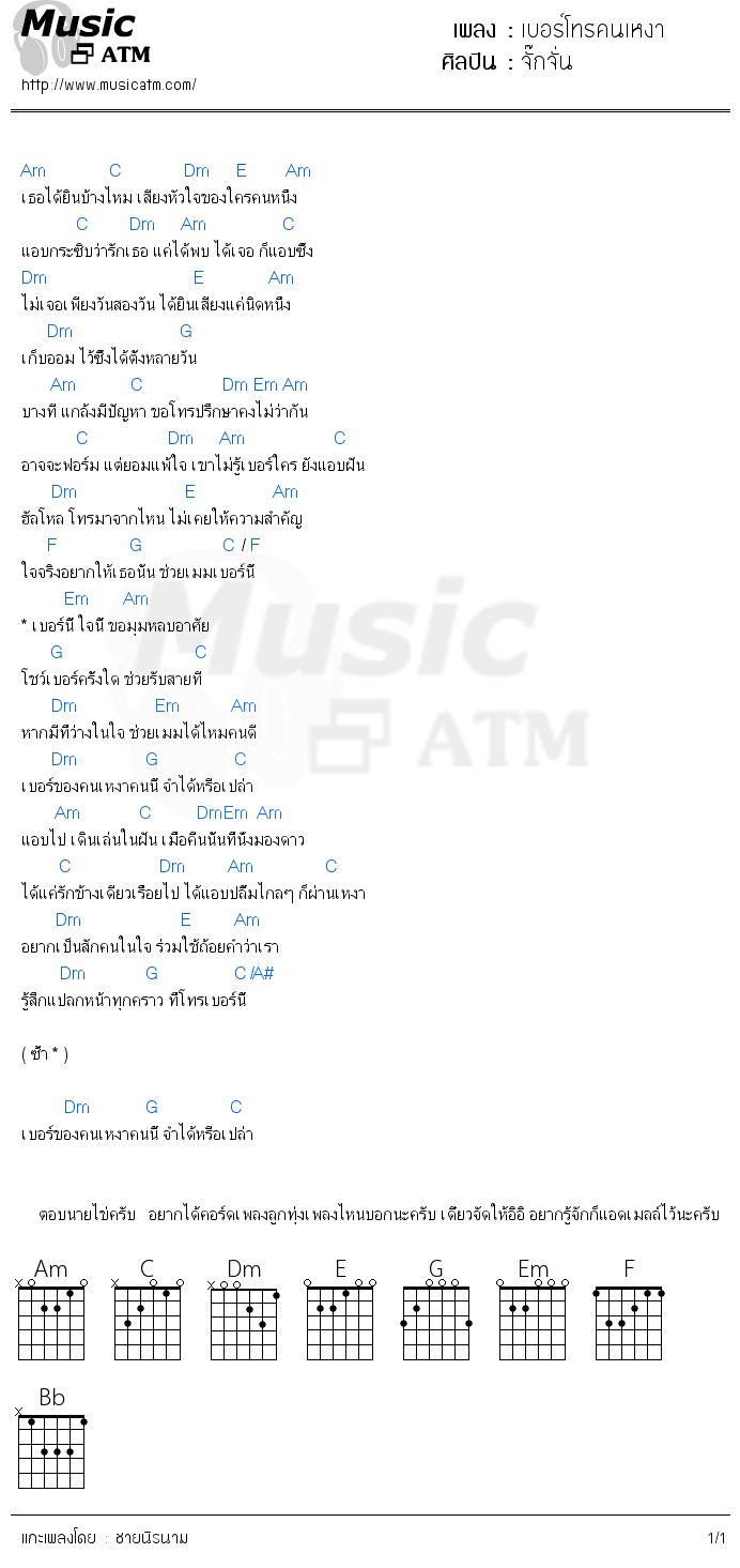 คอร์ดเพลง เบอร์โทรคนเหงา