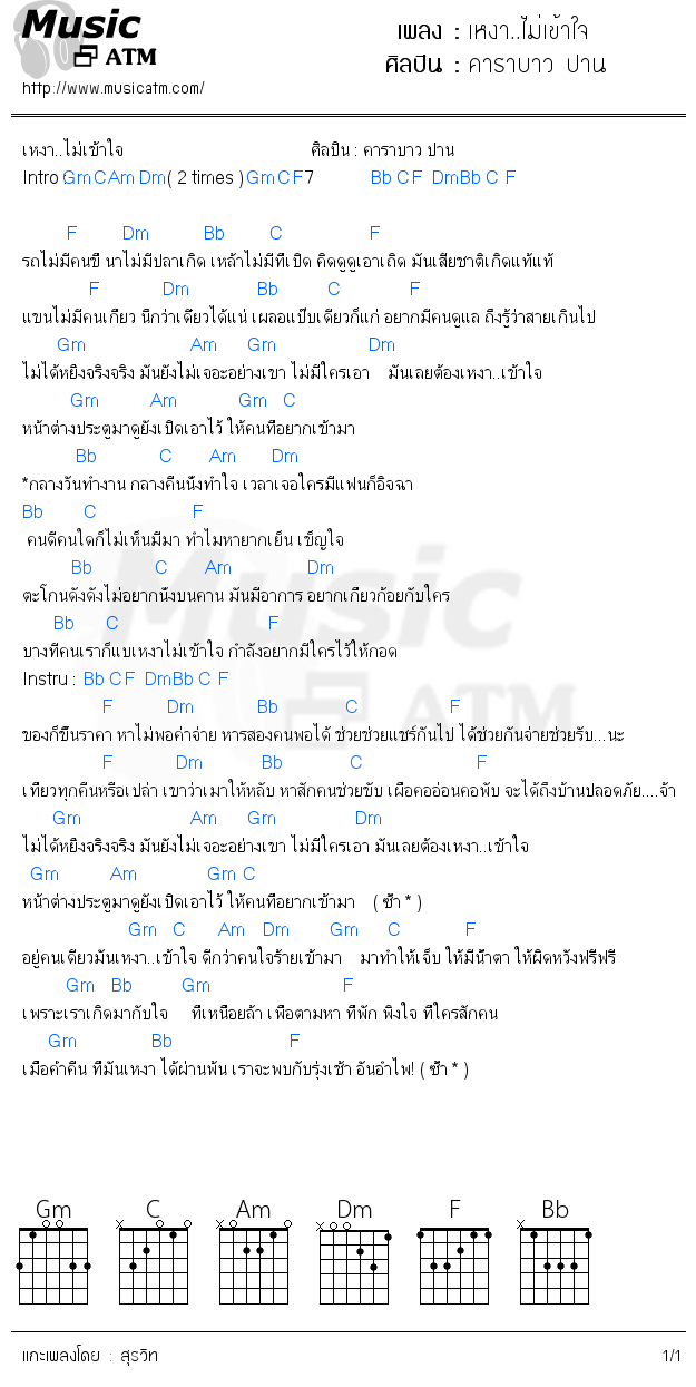 คอร์ดเพลง เหงา..ไม่เข้าใจ