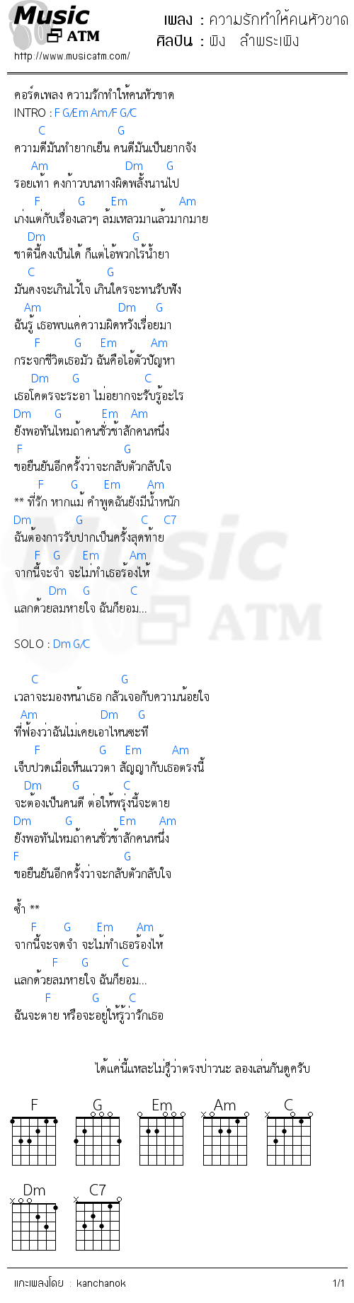 คอร์ดเพลง ความรักทำให้คนหัวขาด (Ost.คนหิ้วหัว)