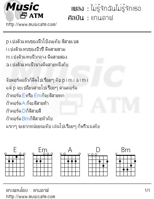 คอร์ดเพลง ไม่รู้จักฉันไม่รู้จักเธอ