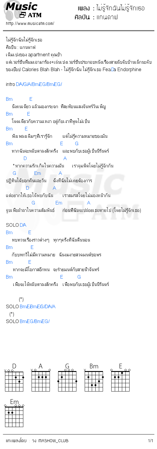 คอร์ดเพลง ไม่รู้จักฉันไม่รู้จักเธอ