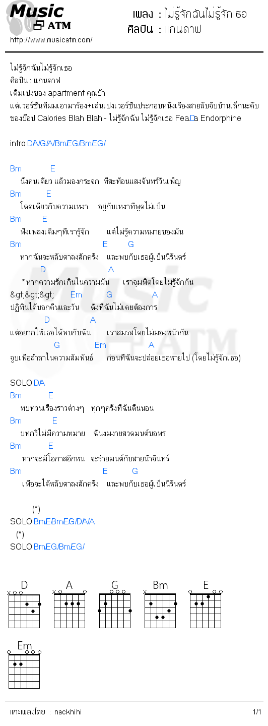 คอร์ดเพลง ไม่รู้จักฉันไม่รู้จักเธอ