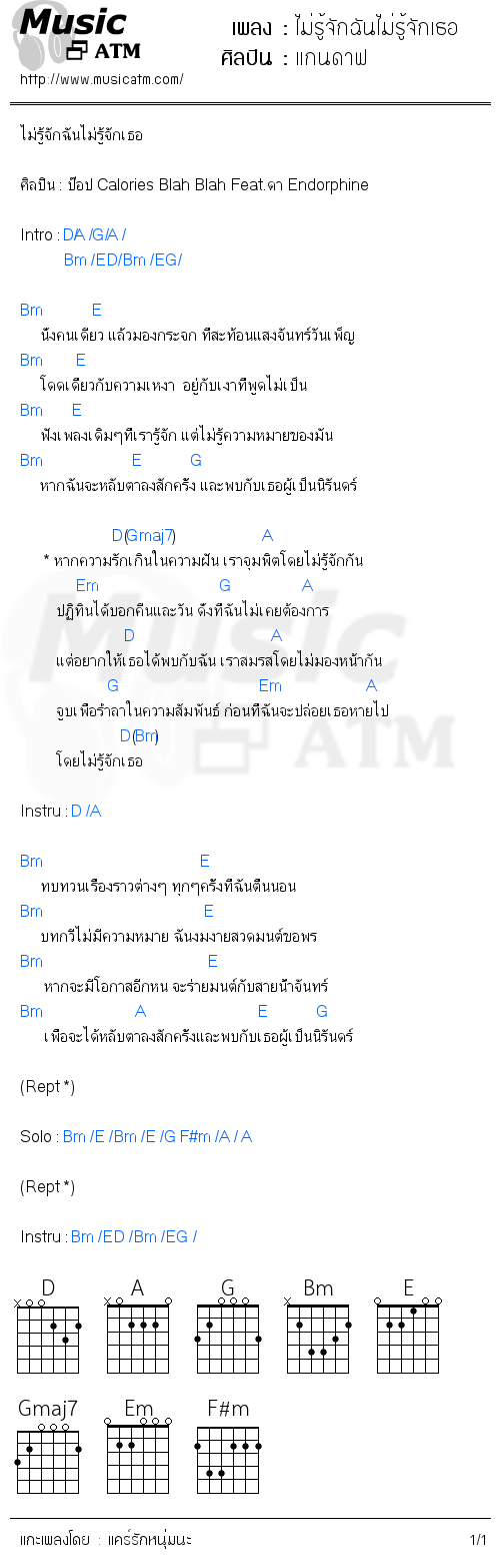 คอร์ดเพลง ไม่รู้จักฉันไม่รู้จักเธอ