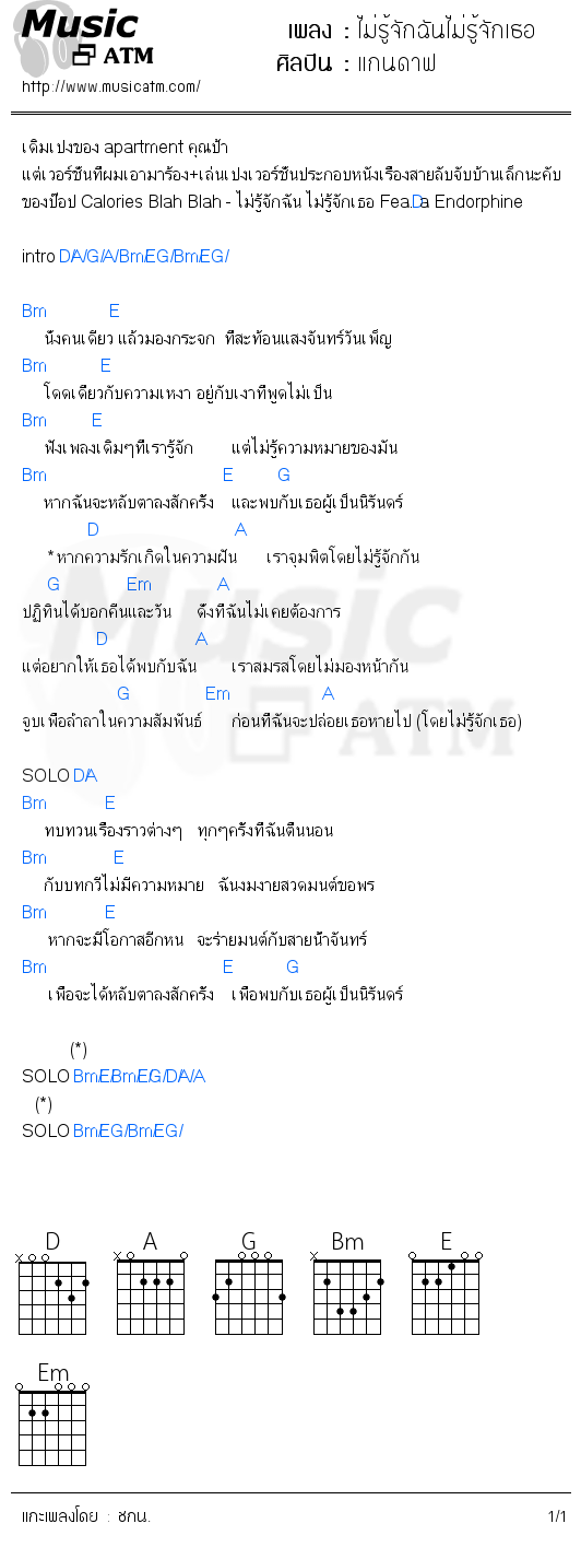 คอร์ดเพลง ไม่รู้จักฉันไม่รู้จักเธอ