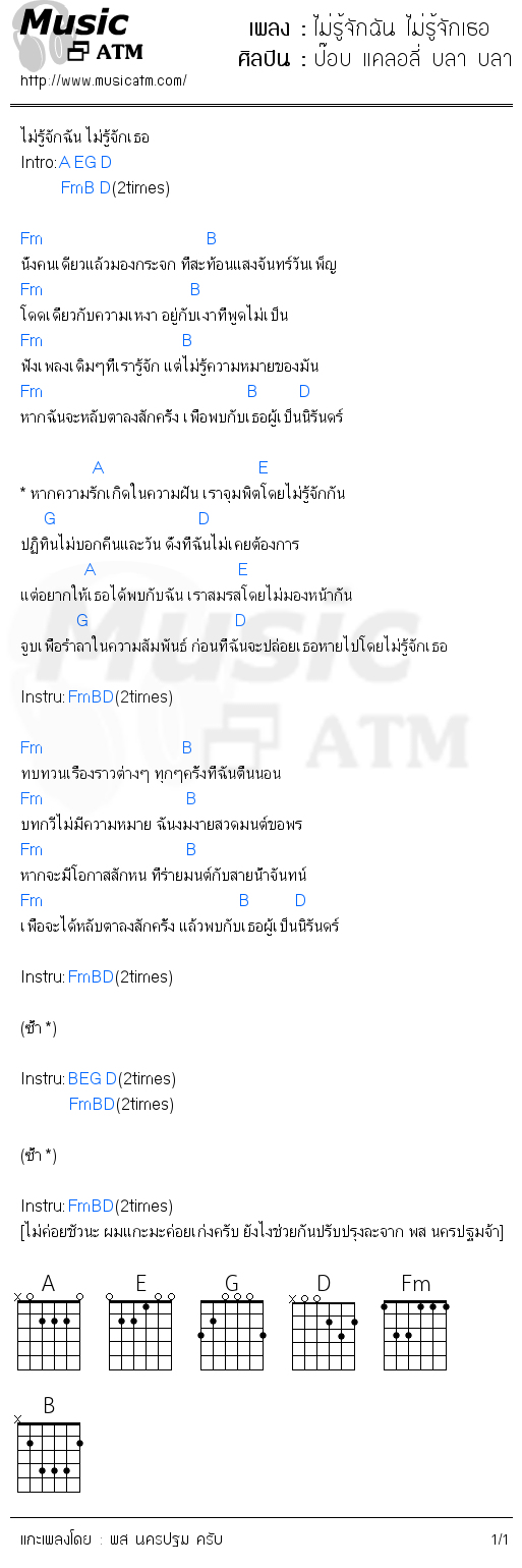 คอร์ดเพลง ไม่รู้จักฉัน ไม่รู้จักเธอ