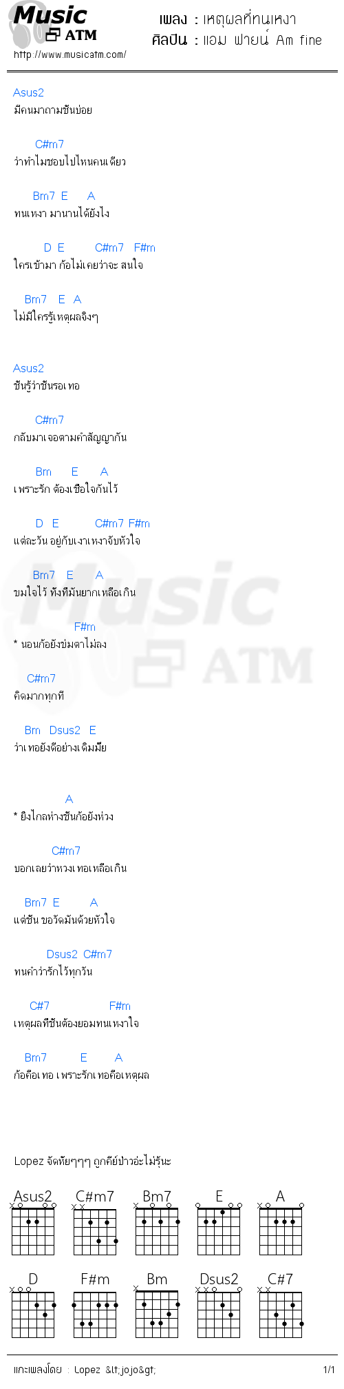 คอร์ดเพลง เหตุผลที่ทนเหงา - แอม ฟายน์ Am fine | คอร์ดเพลงใหม่