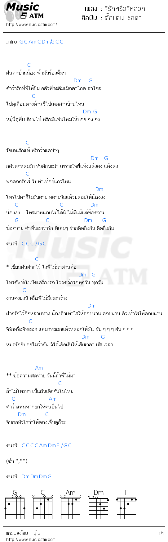 คอร์ดเพลง จิรักหรือจิหลอก - ตั๊กแตน ชลดา | คอร์ดเพลงใหม่