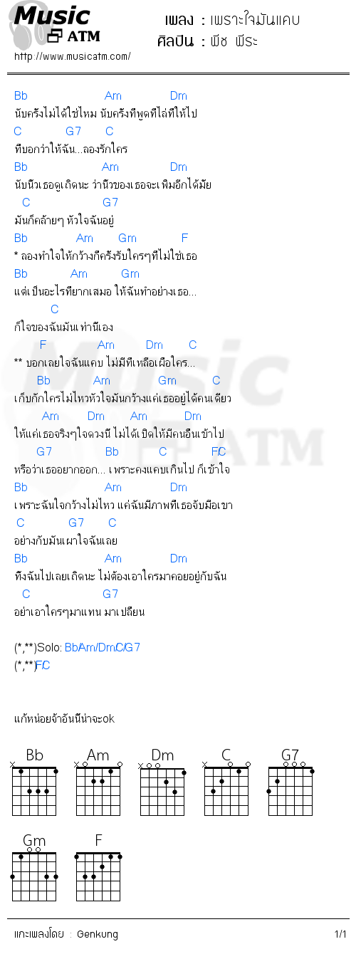 คอร์ดเพลง เพราะใจมันแคบ