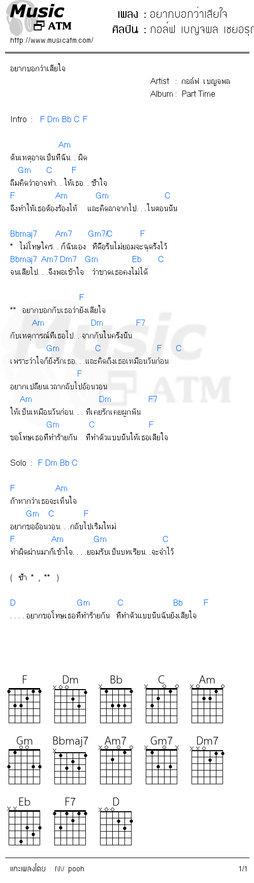 คอร์ดเพลง อยากบอกว่าเสียใจ