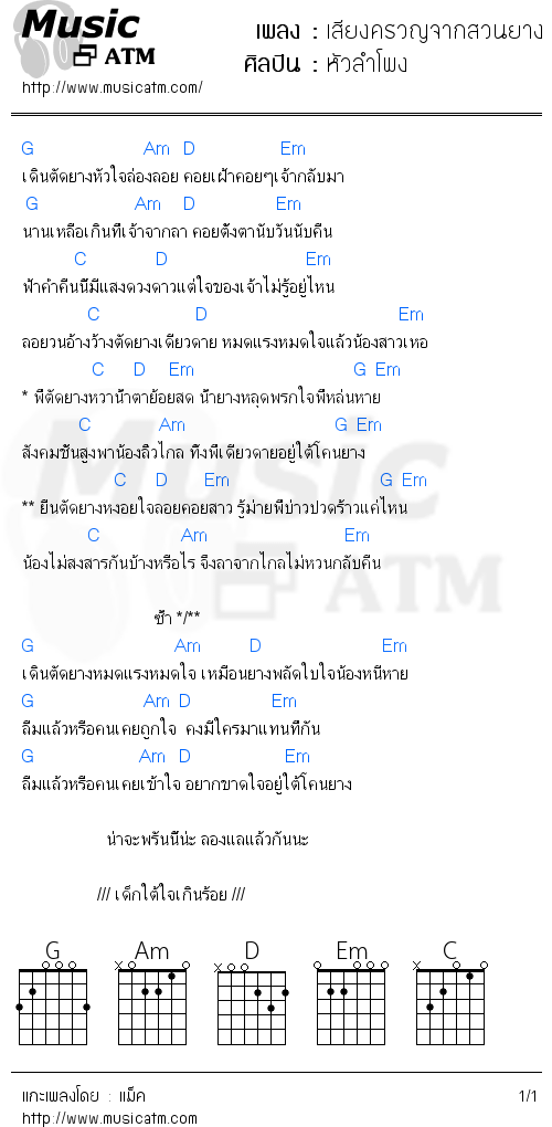 คอร์ดเพลง เสียงครวญจากสวนยาง