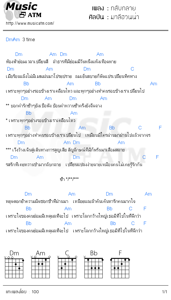 คอร์ดเพลง กลับกลาย