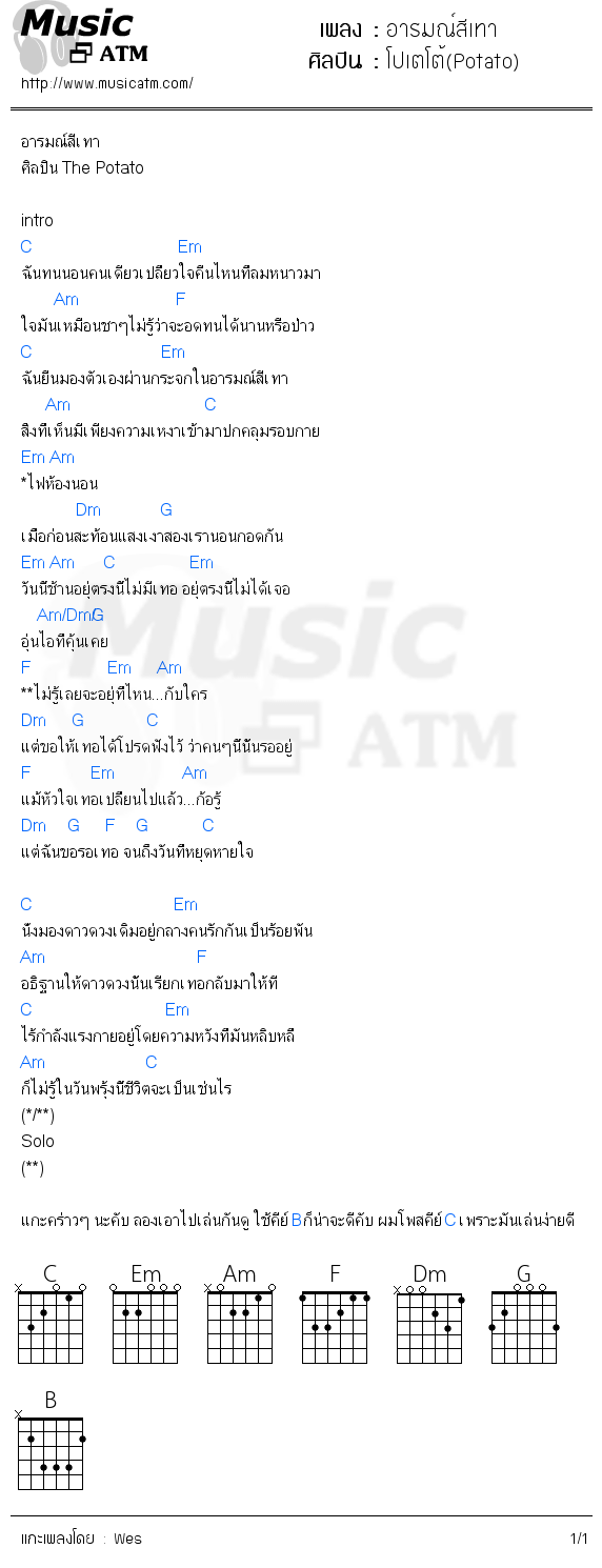 คอร์ดเพลง อารมณ์สีเทา - โปเตโต้(Potato) | คอร์ดเพลงใหม่