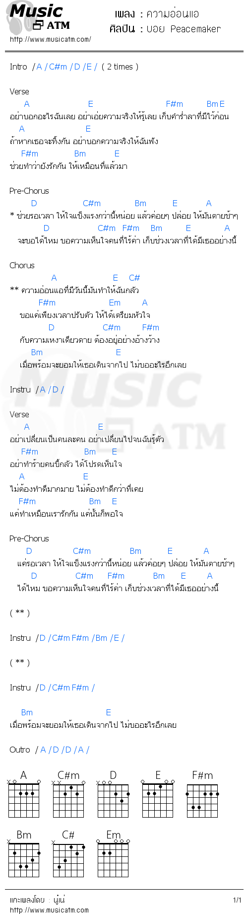 คอร์ดเพลง ความอ่อนแอ