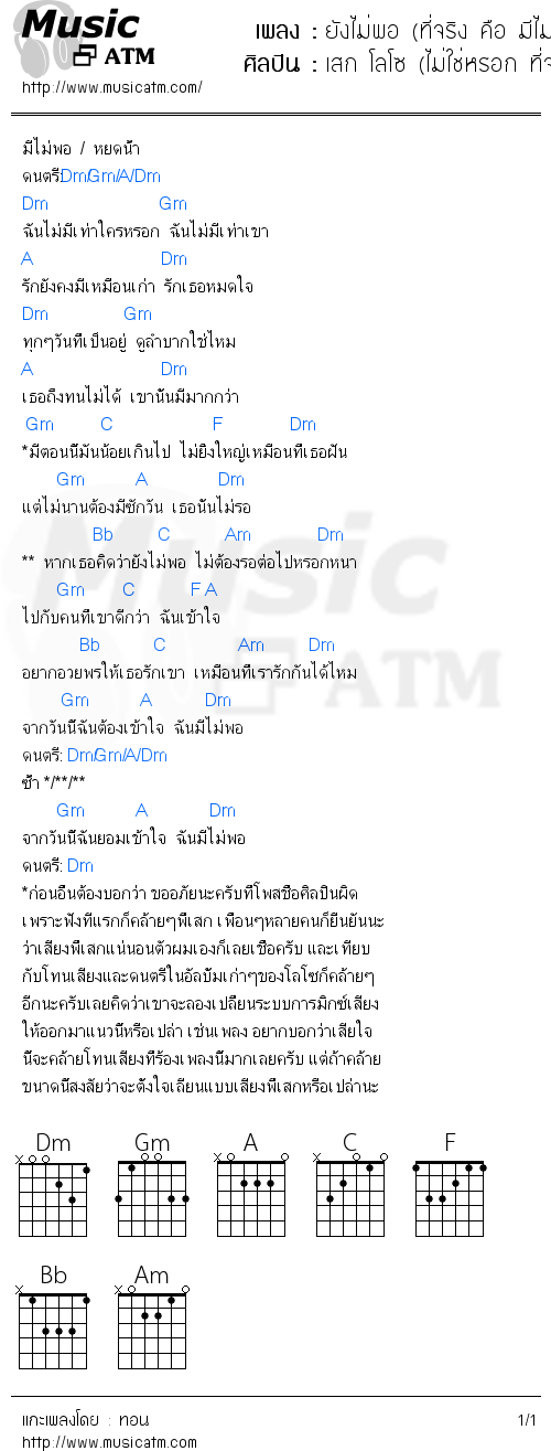 คอร์ดเพลง ยังไม่พอ (ที่จริง คือ มีไม่พอ) - เสก โลโซ (ไม่ใช่หรอก ที่จริงคือ หยดน้ำ) | คอร์ดเพลงใหม่