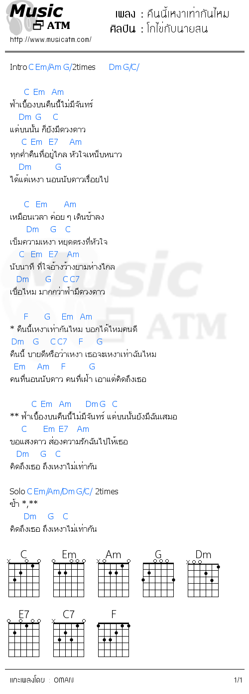 คอร์ดเพลง คืนนี้เหงาเท่ากันไหม