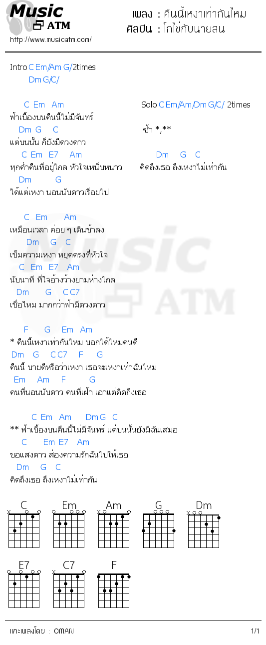 คอร์ดเพลง คืนนี้เหงาเท่ากันไหม