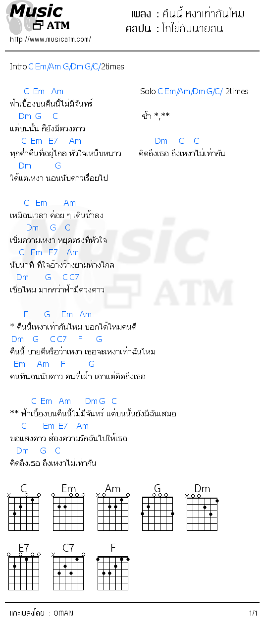 คอร์ดเพลง คืนนี้เหงาเท่ากันไหม
