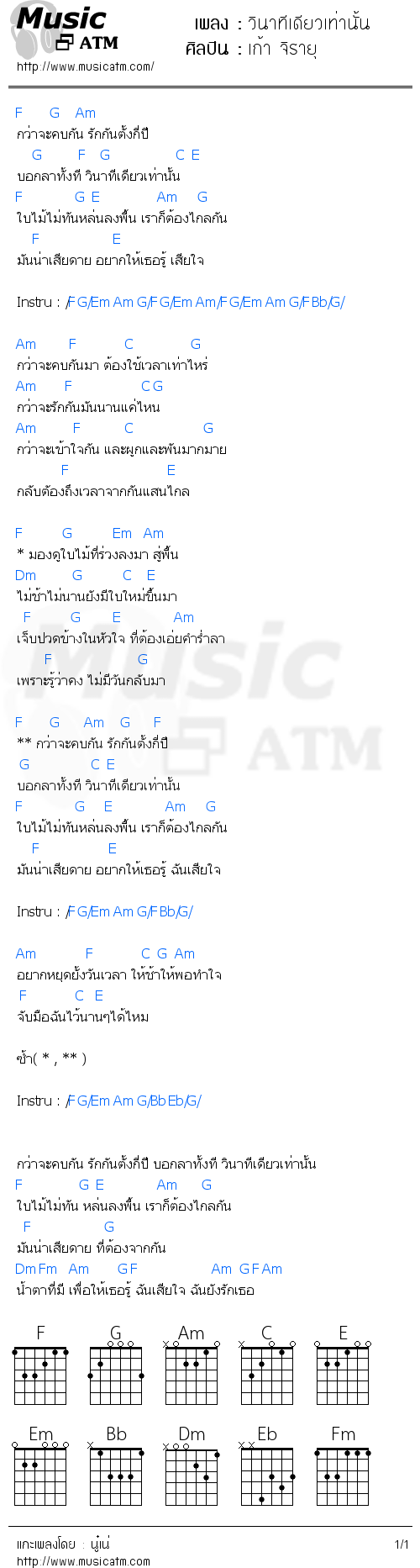 คอร์ดเพลง วินาทีเดียวเท่านั้น