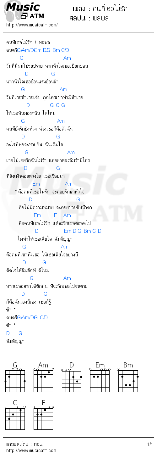 คอร์ดเพลง คนที่เธอไม่รัก - พลพล | คอร์ดเพลงใหม่