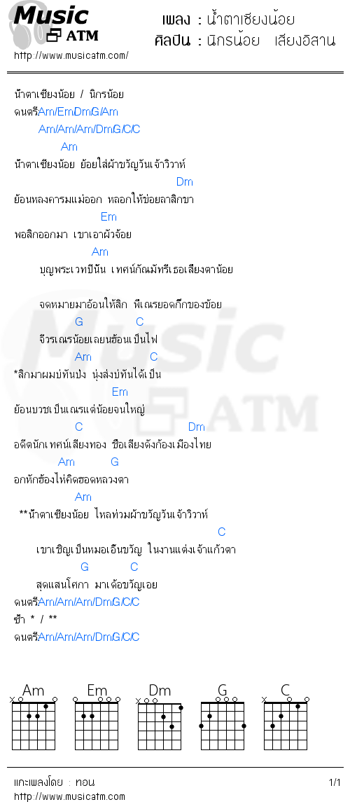 คอร์ดเพลง น้ำตาเซียงน้อย - นิกรน้อย  เสียงอิสาน | คอร์ดเพลงใหม่