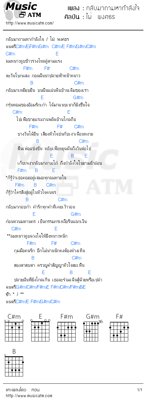 คอร์ดเพลง กลับมาถามหากำลังใจ - ไผ่  พงศธร | คอร์ดเพลงใหม่