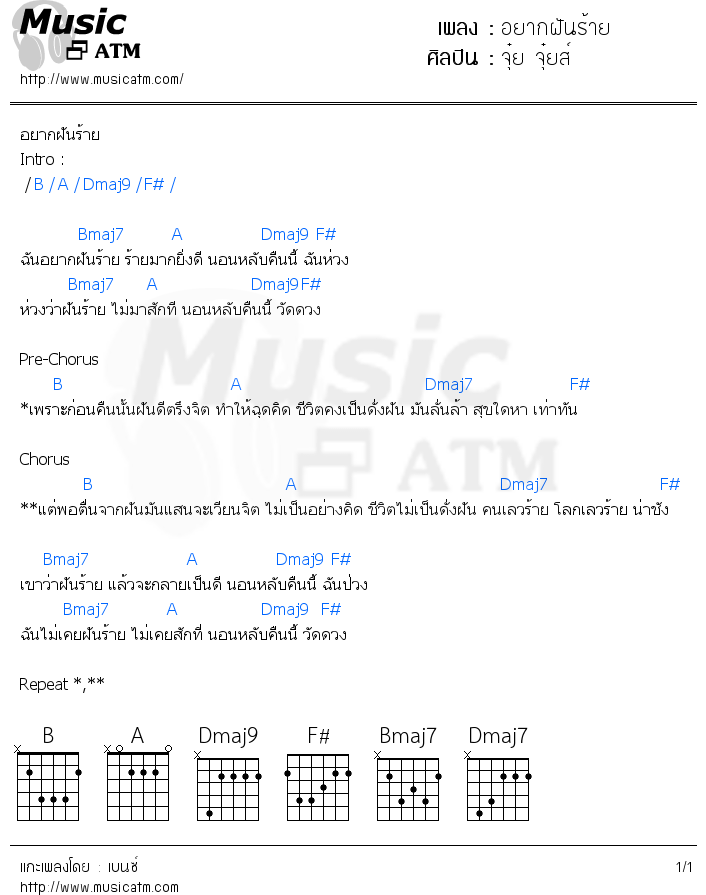 คอร์ดเพลง อยากฝันร้าย