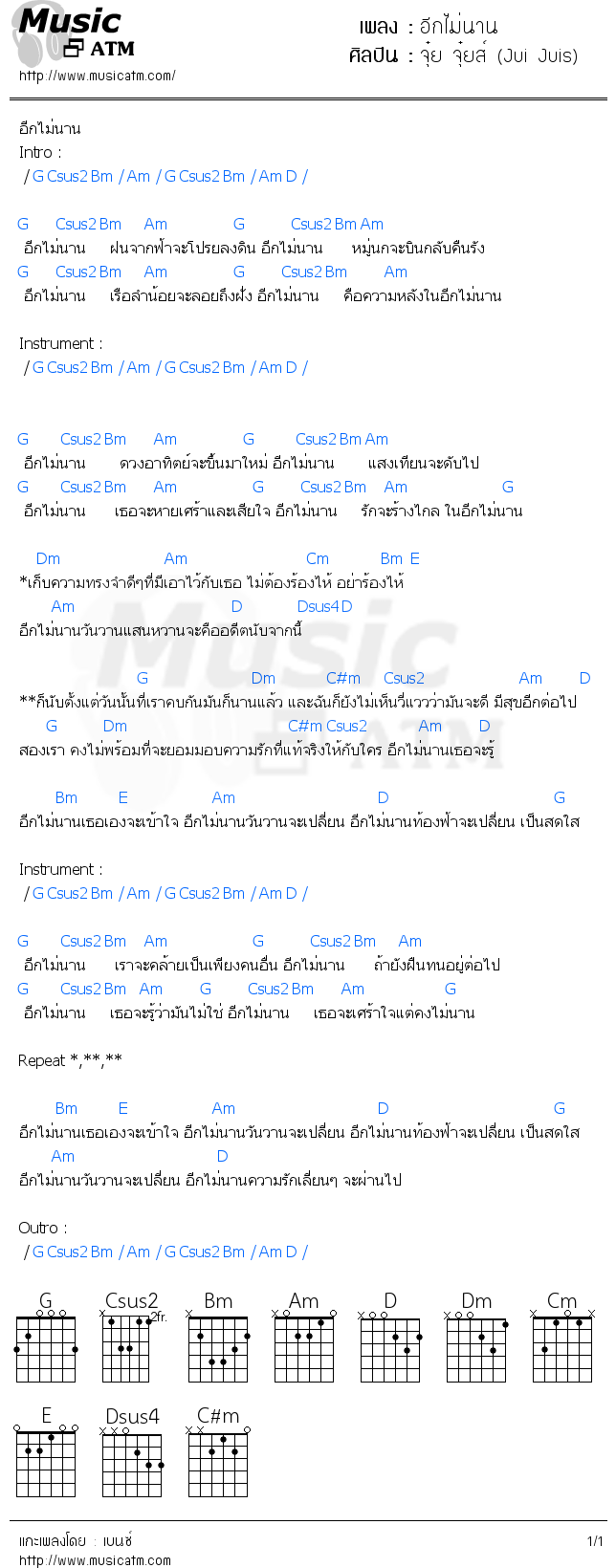 คอร์ดเพลง อีกไม่นาน - จุ๋ย จุ๋ยส์ (Jui Juis) | คอร์ดเพลงใหม่