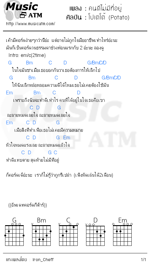 คอร์ดเพลง คนดีไม่มีที่อยู่